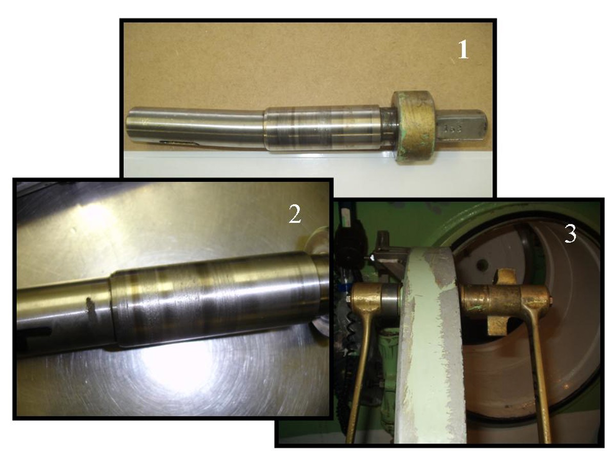 IMCA SF: Failure of chamber door spindles and seals Image2 (3) 1. Shaft damage, 2. Shaft surface damage, 3. Door spindles in place in chamber door