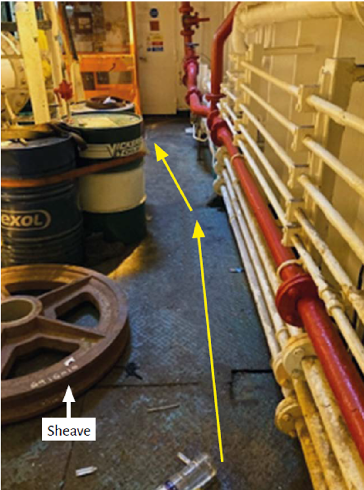 On a vessel going into port, crew were preparing to offload equipment. The bosun began preparing a heavy sheave, which was due to be lifted ashore. He removed the lashings that secured the sheave vertically against some pipework and started to roll it toward the port side hatch in readiness for offload. The bosun was manoeuvring the sheave past some oil drums when he lost control and the sheave toppled over, struck his thigh, then trapped him under its weight