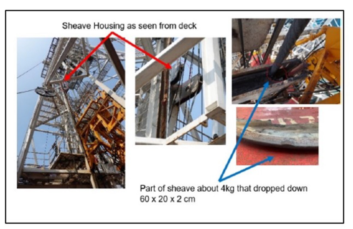 IMCA SF 26/20: Dropped object from derrick Sf 2620 42 1 While running in drill pipe on a drilling vessel, part of a guide sheave failed and fell approximately 15m to the drill floor. A ‘Red Zone’ was in place to restrict access to the drill floor during hazardous activities. Nobody was injured.