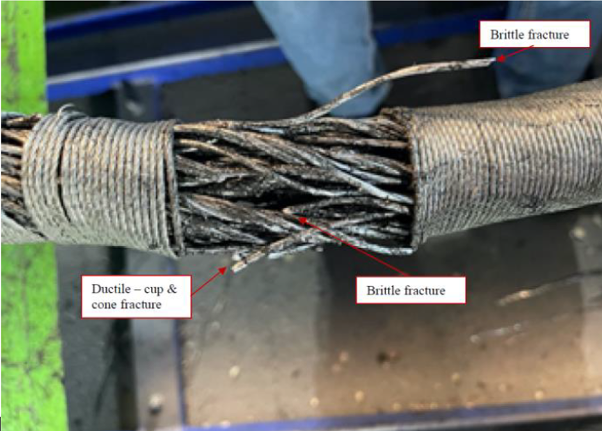 Main bell wire rope failed destructive test