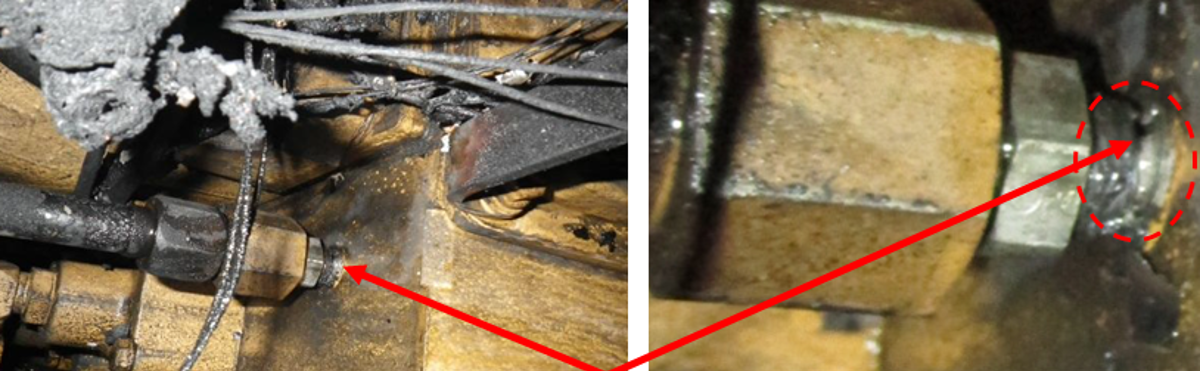 The broken nipple on the lubrication oil pipe which led to the oil leakage