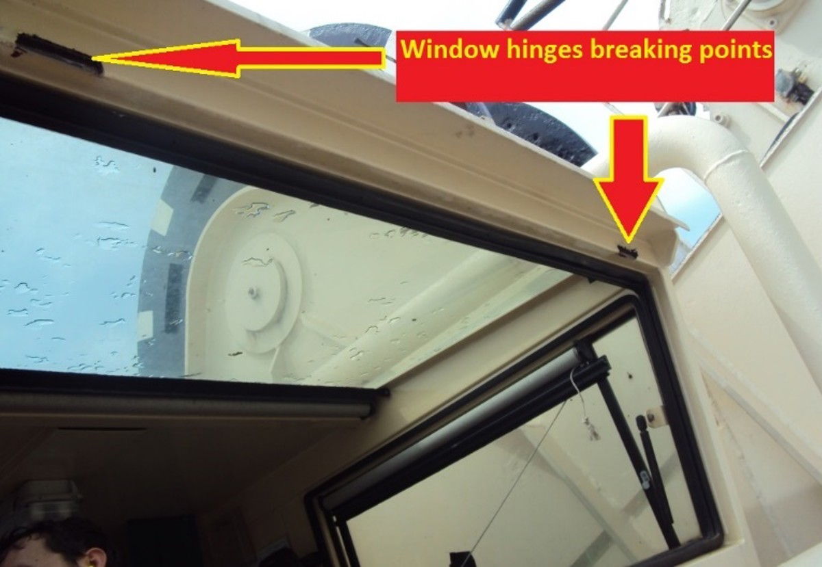 the hinges failed and the window fell out and down to the main deck