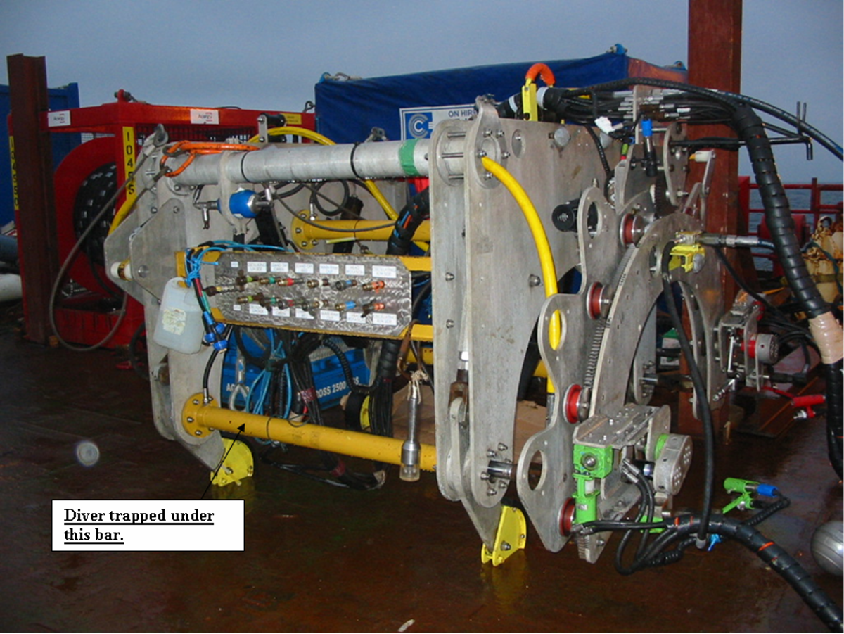 a diver became trapped by a water jet weight coat removal (WCR) tool