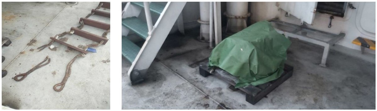During routine inspection of the port side embarkation ladder on a vessel operating in a tropical environment, it was observed that the embarkation ladder rope has become very weak and snapped, when pulled apart by hands